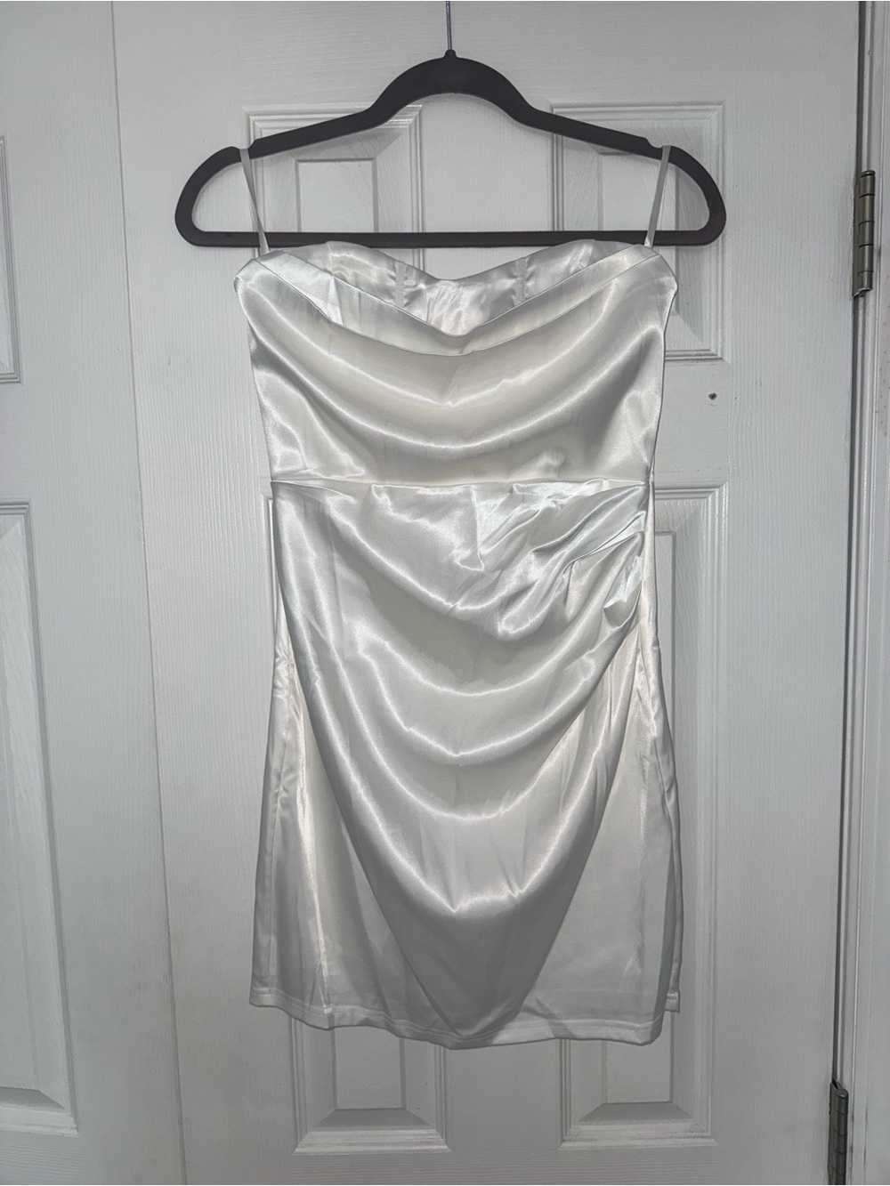 Windsor Strapless White Satin Cowl-Neck Mini Dress
